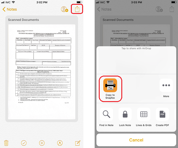 fax from notes on iphone