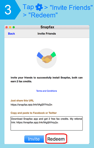 Tap Settings, Invite Friends, Redeem